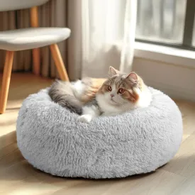 Veehoo Calming Donut Cat Bed for Small Cats Dogs-Round Small Cat Dog Bed, Anti Anxiety Fluffy Faux Plush Cuddler Washable Puppy Bed, Warming Soft Cushion Pet Bed Fits up to 15 lbs Pet, 20", Light Grey