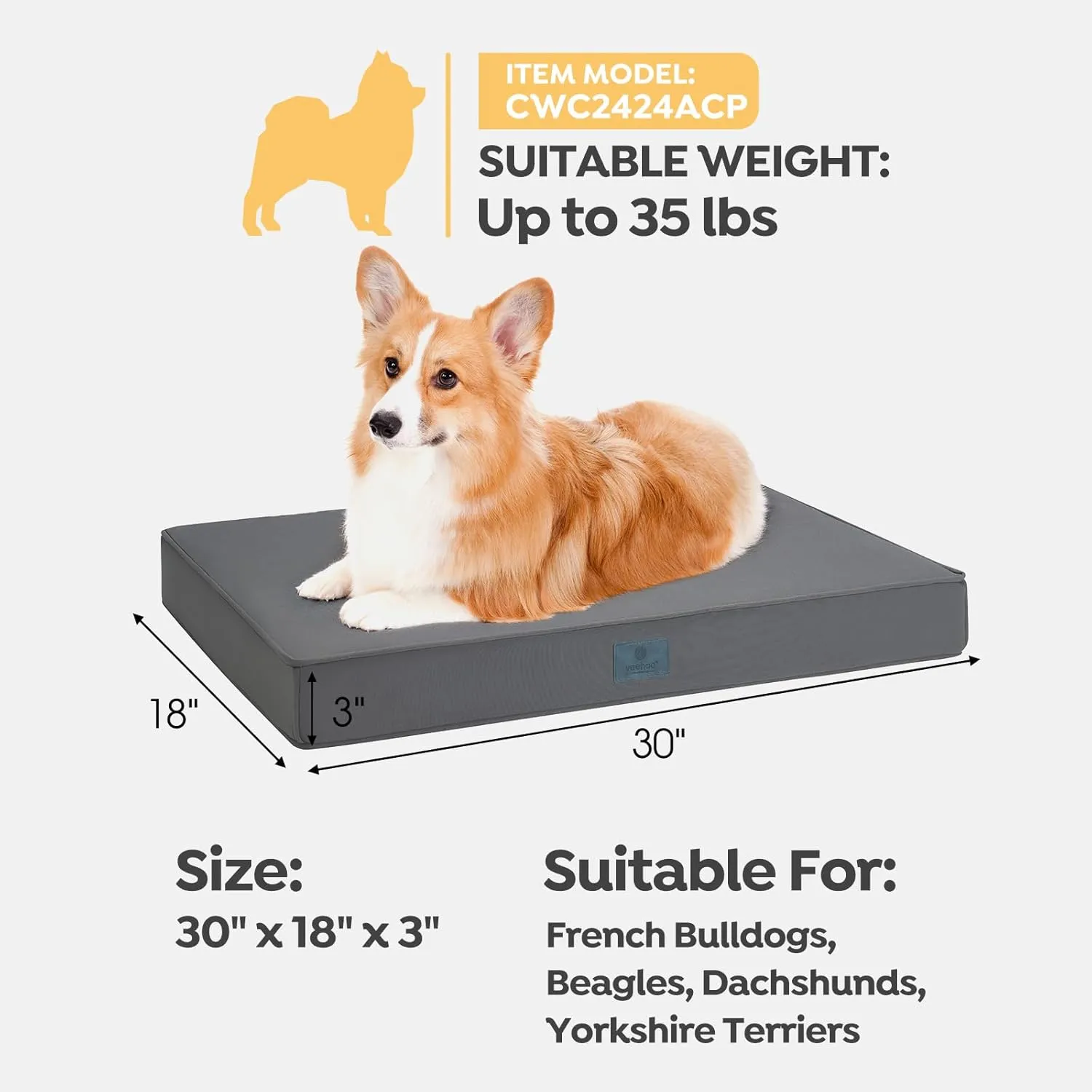 Veehoo Chew Proof Dog Bed for Crate, Durable Dog Crate Bed with Hidden Zipper, Outdoor Waterproof Pet Bed with Removable Washable Cover, Memory Foam Bed for Medium Dogs