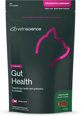 VetriScience Gut Health Probiotic & Prebiotic Digestive Supplements for Cats, Gas & Diarrhea & Immune Support, Soft Chews, Duck, 60 Count - New Look