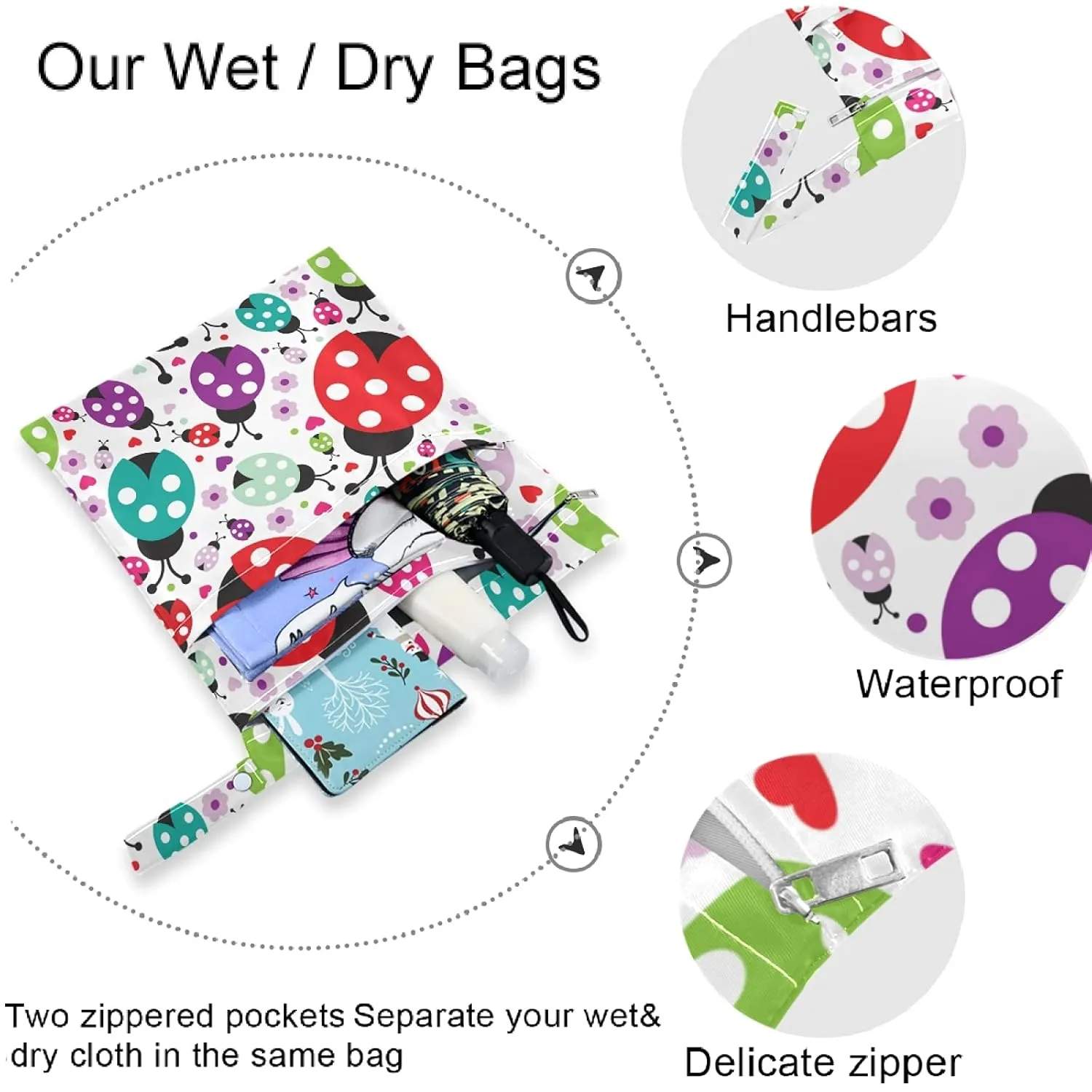 visesunny Cute Ladybug Polka Dot 2Pcs Wet Bag with Zippered Pockets Washable Reusable Roomy for Travel,Beach,Pool,Daycare,Stroller,Diapers,Dirty Gym Clothes, Wet Swimsuits, Toiletries
