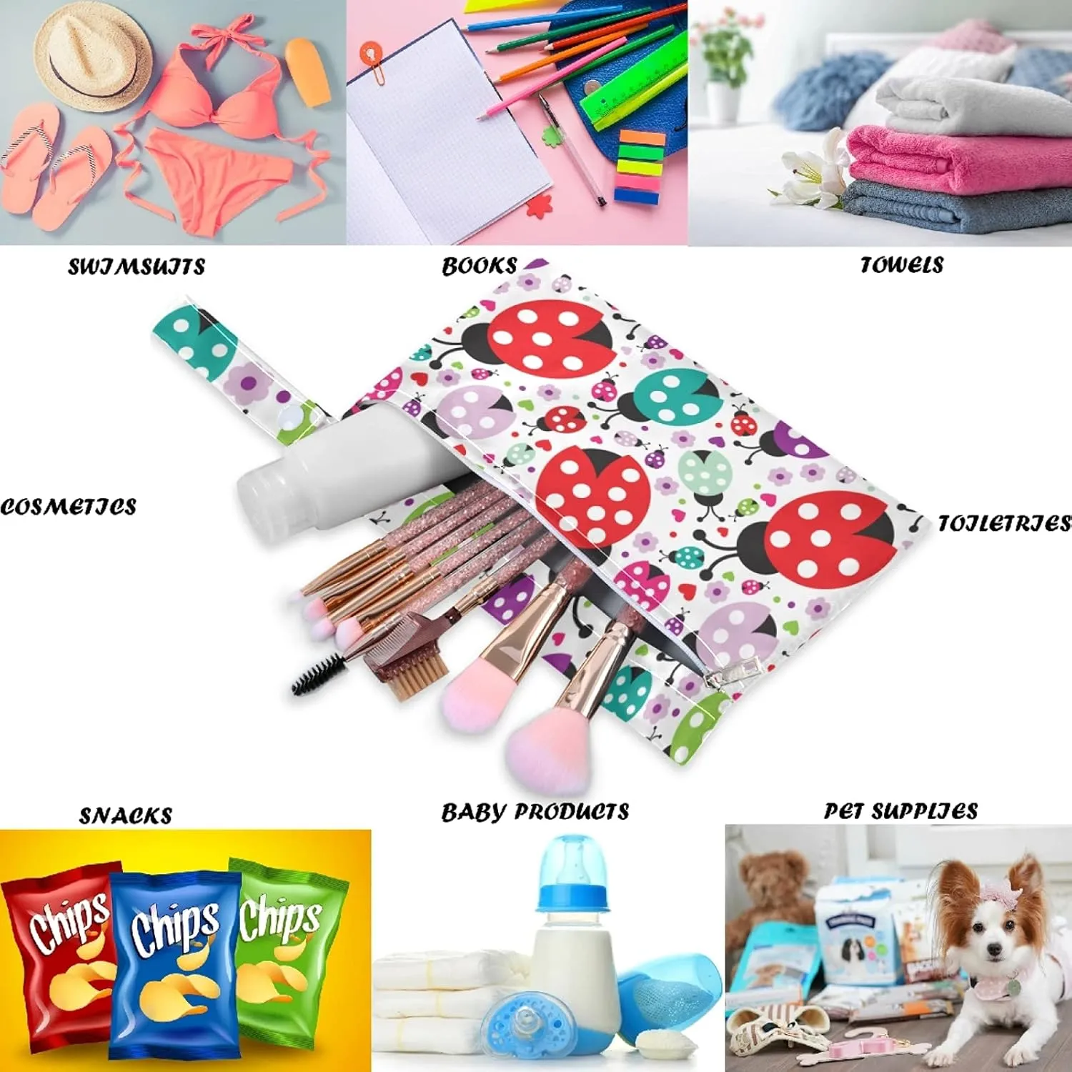 visesunny Cute Ladybug Polka Dot 2Pcs Wet Bag with Zippered Pockets Washable Reusable Roomy for Travel,Beach,Pool,Daycare,Stroller,Diapers,Dirty Gym Clothes, Wet Swimsuits, Toiletries