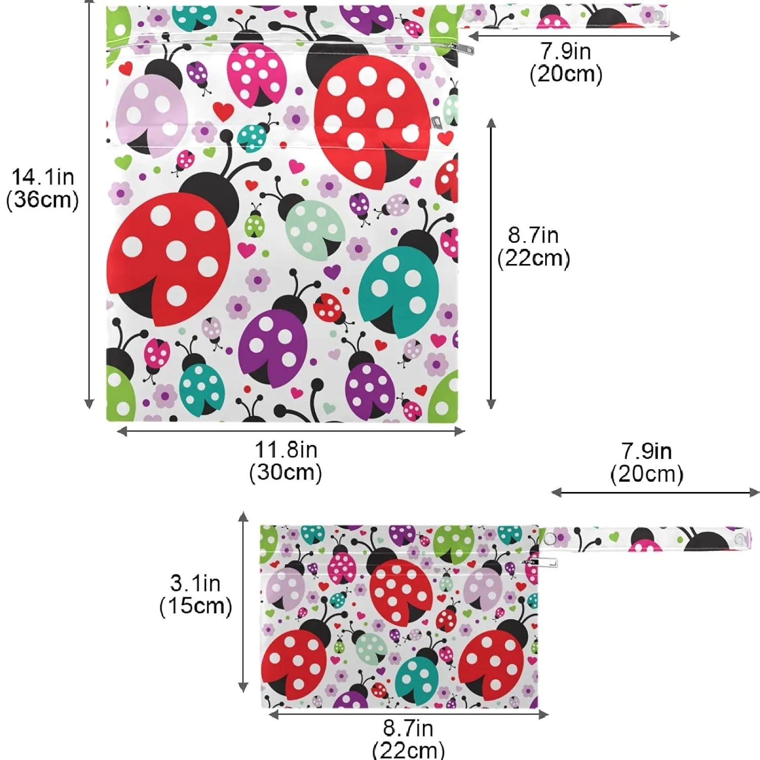 visesunny Cute Ladybug Polka Dot 2Pcs Wet Bag with Zippered Pockets Washable Reusable Roomy for Travel,Beach,Pool,Daycare,Stroller,Diapers,Dirty Gym Clothes, Wet Swimsuits, Toiletries