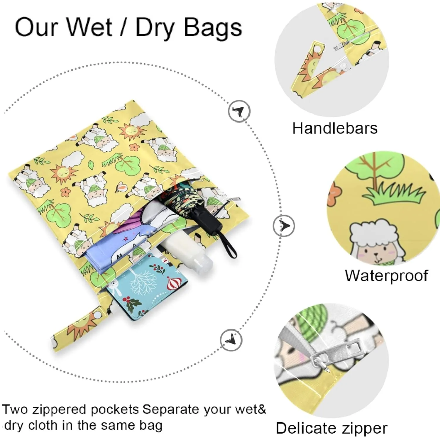 visesunny Cute Sheep Animal 2Pcs Wet Bag with Zippered Pockets Washable Reusable Roomy for Travel,Beach,Pool,Daycare,Stroller,Diapers,Dirty Gym Clothes, Wet Swimsuits, Toiletries