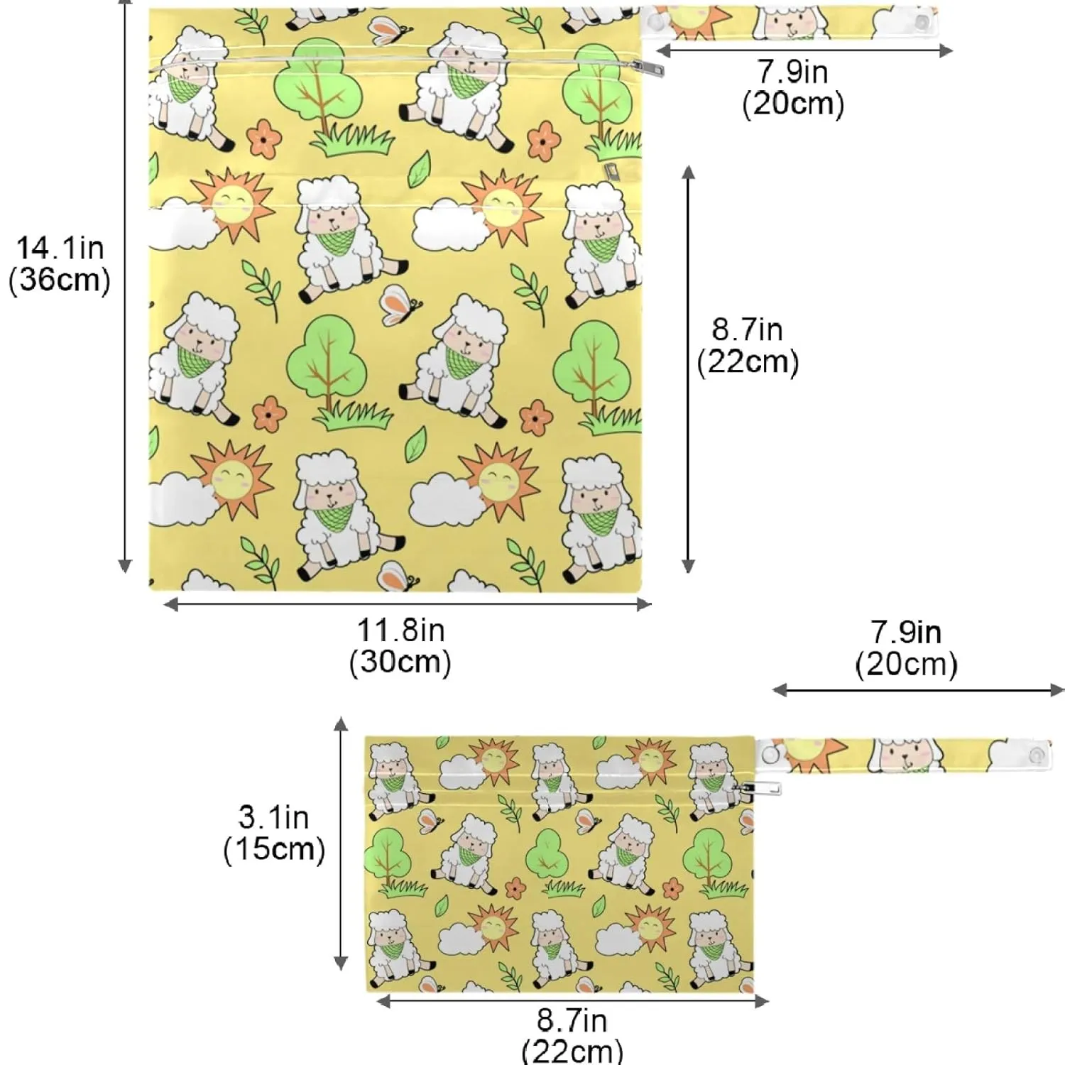 visesunny Cute Sheep Animal 2Pcs Wet Bag with Zippered Pockets Washable Reusable Roomy for Travel,Beach,Pool,Daycare,Stroller,Diapers,Dirty Gym Clothes, Wet Swimsuits, Toiletries