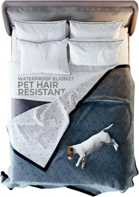 Waterproof Dog Blanket for Bed  90x90 Inch King/Queen Size  Pet Hair Resistant Blanket for Small to Large Dogs  Washable, Leakproof, Reversible Bedspread for Bed Protection  Blue/White