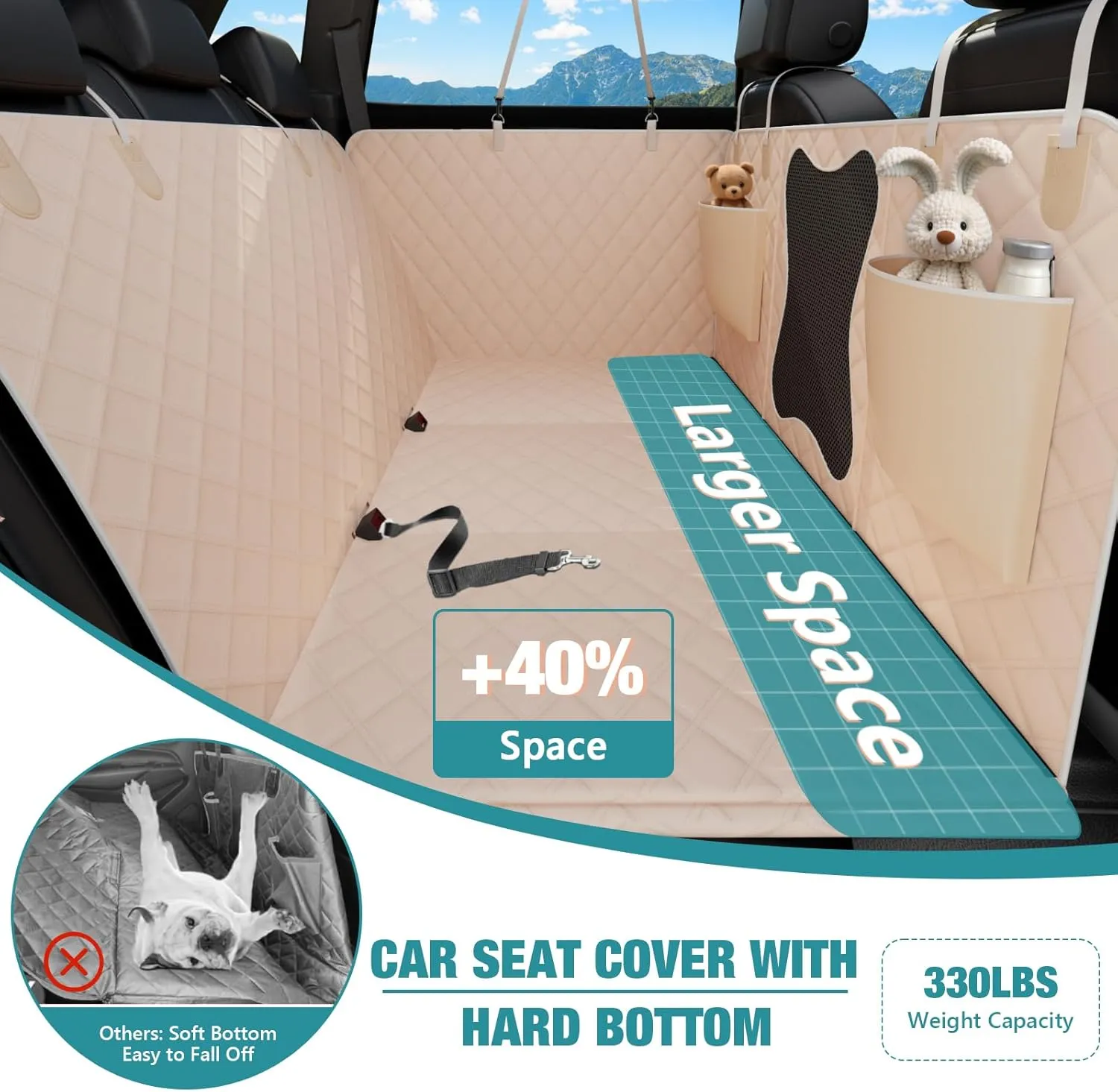 Waterproof Dog Car Seat Cover for Back Seat  Heavy Duty Back Seat Extender for Dogs with Hard Bottom, 7-Layer Protection, Non-Slip & Scratchproof, Easy to Install (Beige)