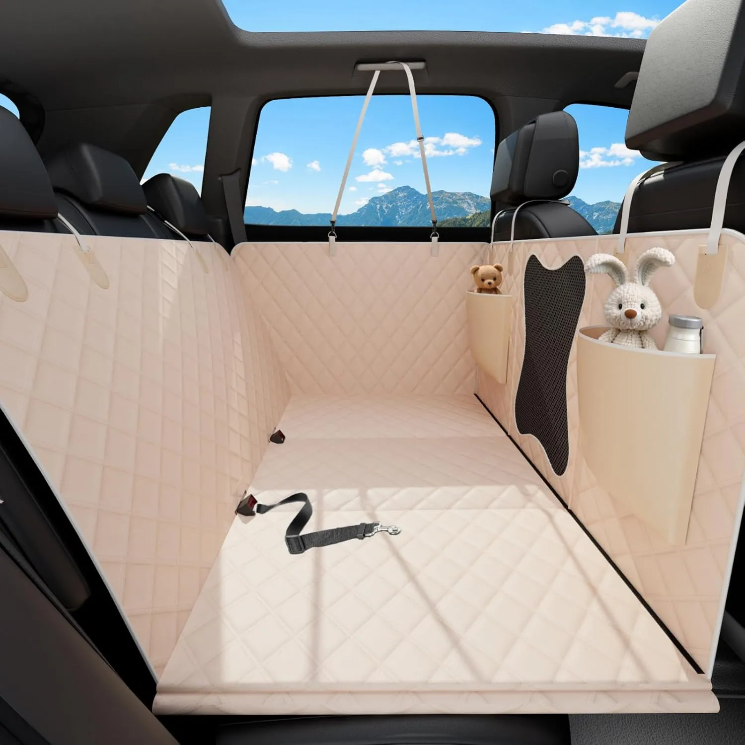 Waterproof Dog Car Seat Cover for Back Seat  Heavy Duty Back Seat Extender for Dogs with Hard Bottom, 7-Layer Protection, Non-Slip & Scratchproof, Easy to Install (Beige)