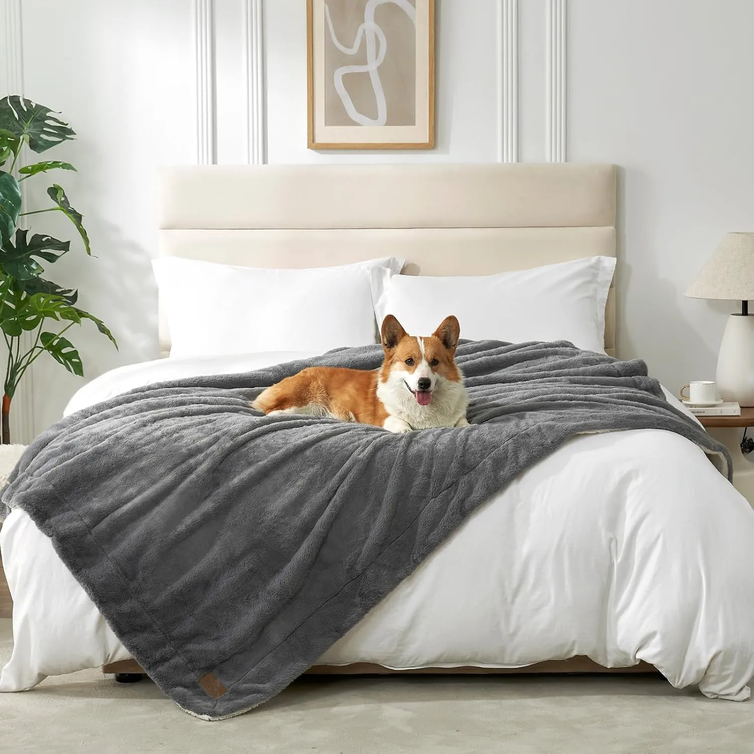 Waterproof Pet Blanket, Soft Faux Fur Dog Blanket for Woman Sofa Bed Couch Protector, Liquid Pee Proof Throw for Large Dog or Cat, Reversible Washable, Double Sided, 50x60 in, Grey