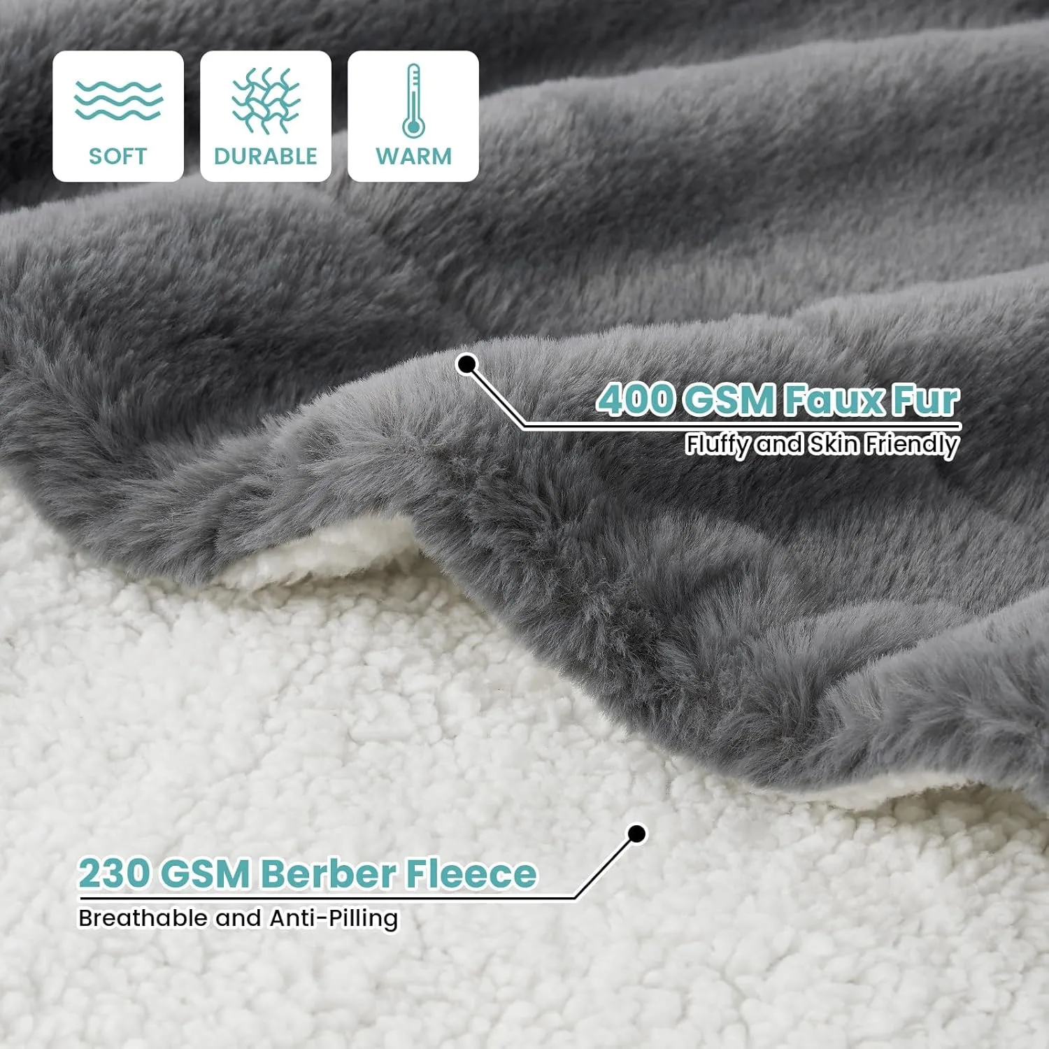 Waterproof Pet Blanket, Soft Faux Fur Dog Blanket for Woman Sofa Bed Couch Protector, Liquid Pee Proof Throw for Large Dog or Cat, Reversible Washable, Double Sided, 50x60 in, Grey