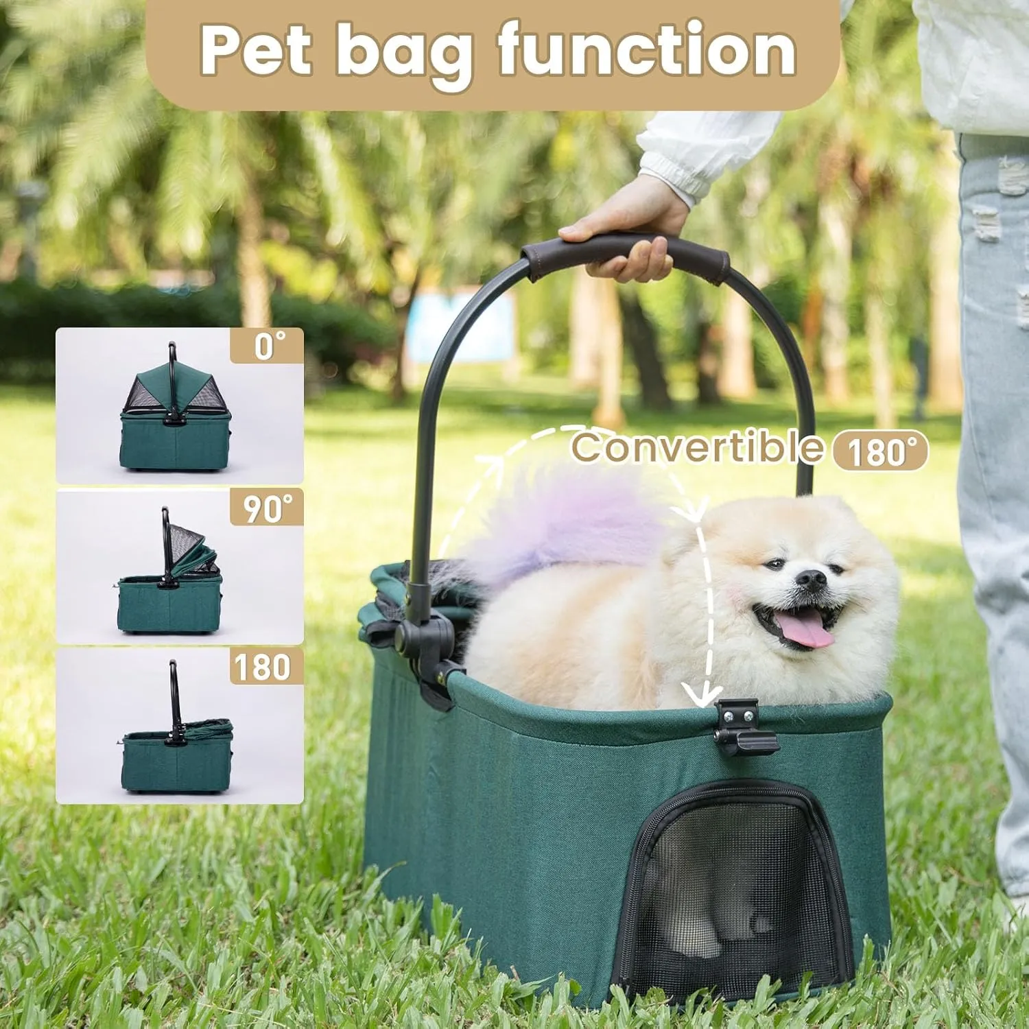 Wdyvko 3 in 1 Dog Stroller, Upgraded Frame, Up to 44lbs Pet Stroller with Dog Poop Bags & Dispenser, Zipperless Entry, Storage Basket & Pouch for Small Dogs Cats (Dark Green)
