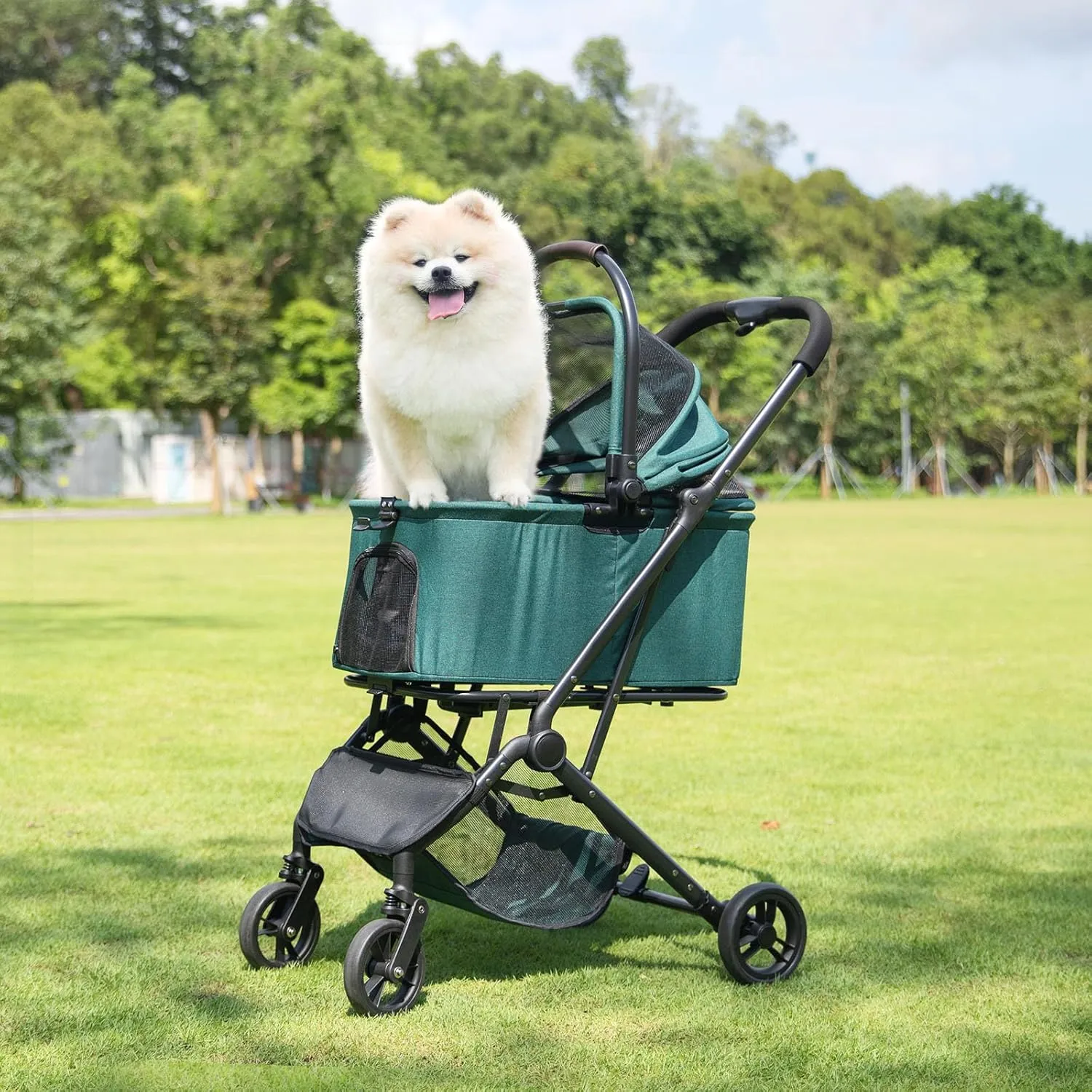 Wdyvko 3 in 1 Dog Stroller, Upgraded Frame, Up to 44lbs Pet Stroller with Dog Poop Bags & Dispenser, Zipperless Entry, Storage Basket & Pouch for Small Dogs Cats (Dark Green)
