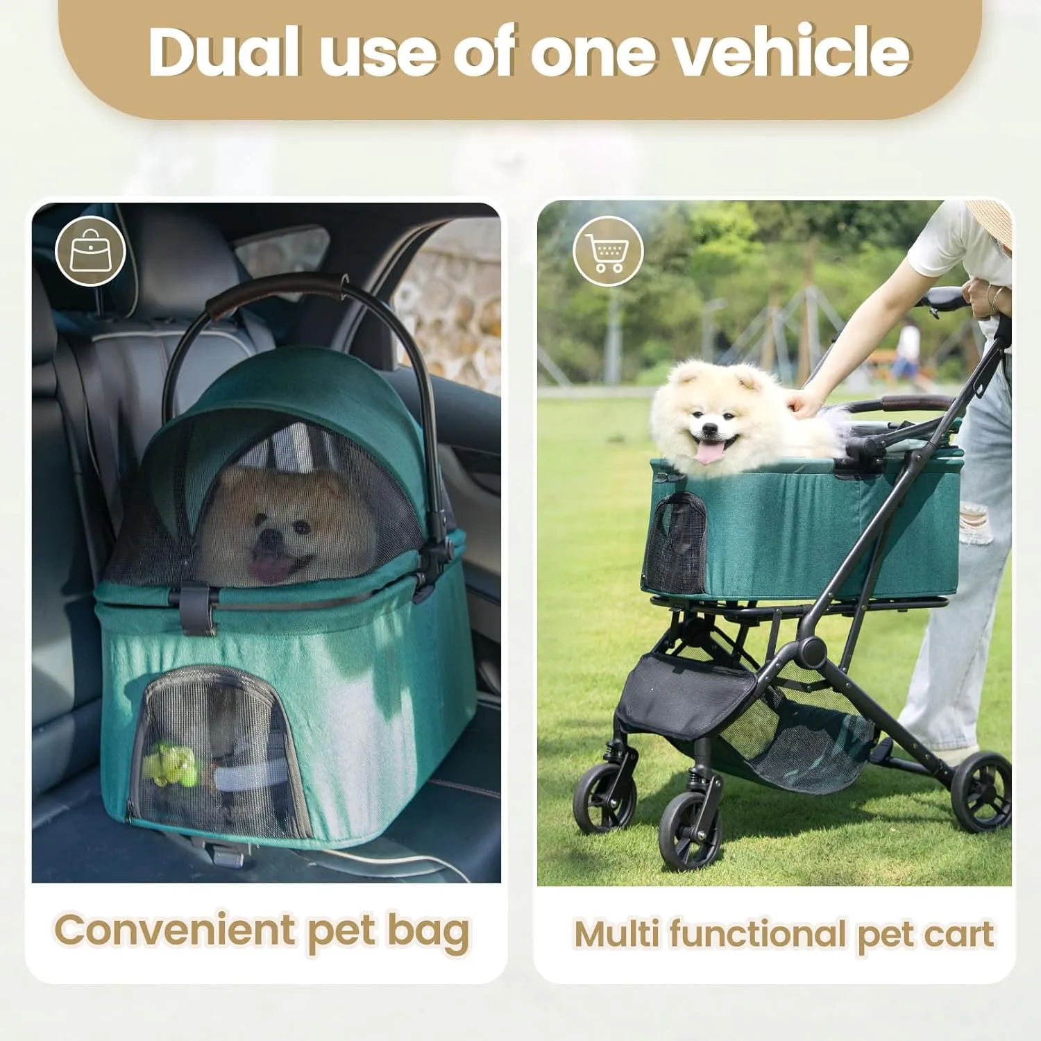 Wdyvko 3 in 1 Dog Stroller, Upgraded Frame, Up to 44lbs Pet Stroller with Dog Poop Bags & Dispenser, Zipperless Entry, Storage Basket & Pouch for Small Dogs Cats (Dark Green)