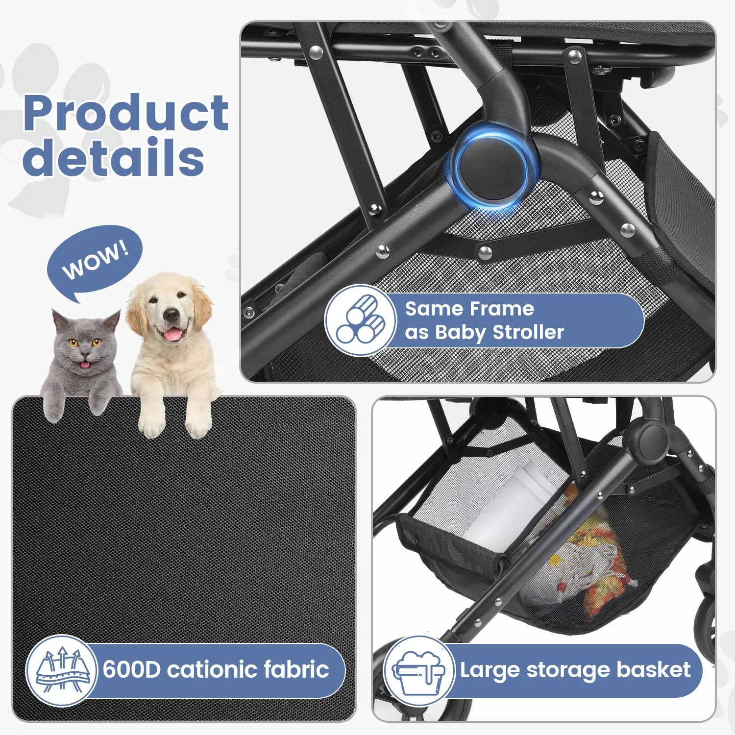 Wdyvko 3 in 1 Dog Stroller, Upgraded Frame, Up to 44lbs Pet Stroller with Dog Poop Bags & Dispenser, Zipperless Entry, Storage Basket & Pouch for Small Dogs Cats (Dark Green)