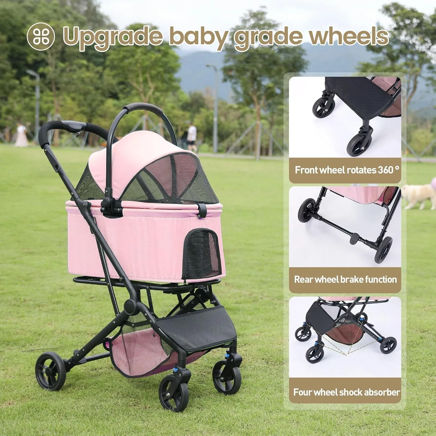 Wedyvko Dog Stroller, Carrier, Car Seat & Pet Stroller for Small Dogs, Max Load 33 lbs with Dog Poop Bags & Dispenser, Basket and Cup Holder (Coffee)