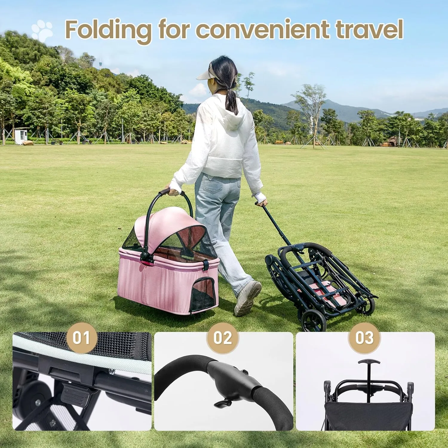 Wedyvko Dog Stroller, Carrier, Car Seat & Pet Stroller for Small Dogs, Max Load 33 lbs with Dog Poop Bags & Dispenser, Basket and Cup Holder (Coffee)