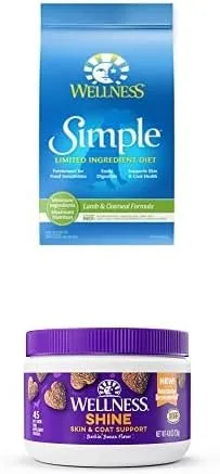 Wellness Food   Supplements Bundle: Simple Limited Ingredient Natural Dry Dog Food, Lamb and Oatmeal Recipe, 26-Pound Bag Skin & Coat Soft Chew Supplements for Dogs, 45 Count
