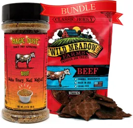 Wild Meadow Farms Classic Beef Bites Soft Jerky for Dogs Grain-Free, Ideal for Training, Portioning and High-Value Rewards, Plus Magic Dust Beef Jerky for Dogs - 3.5 oz Pouch & 3.5 oz Bottle