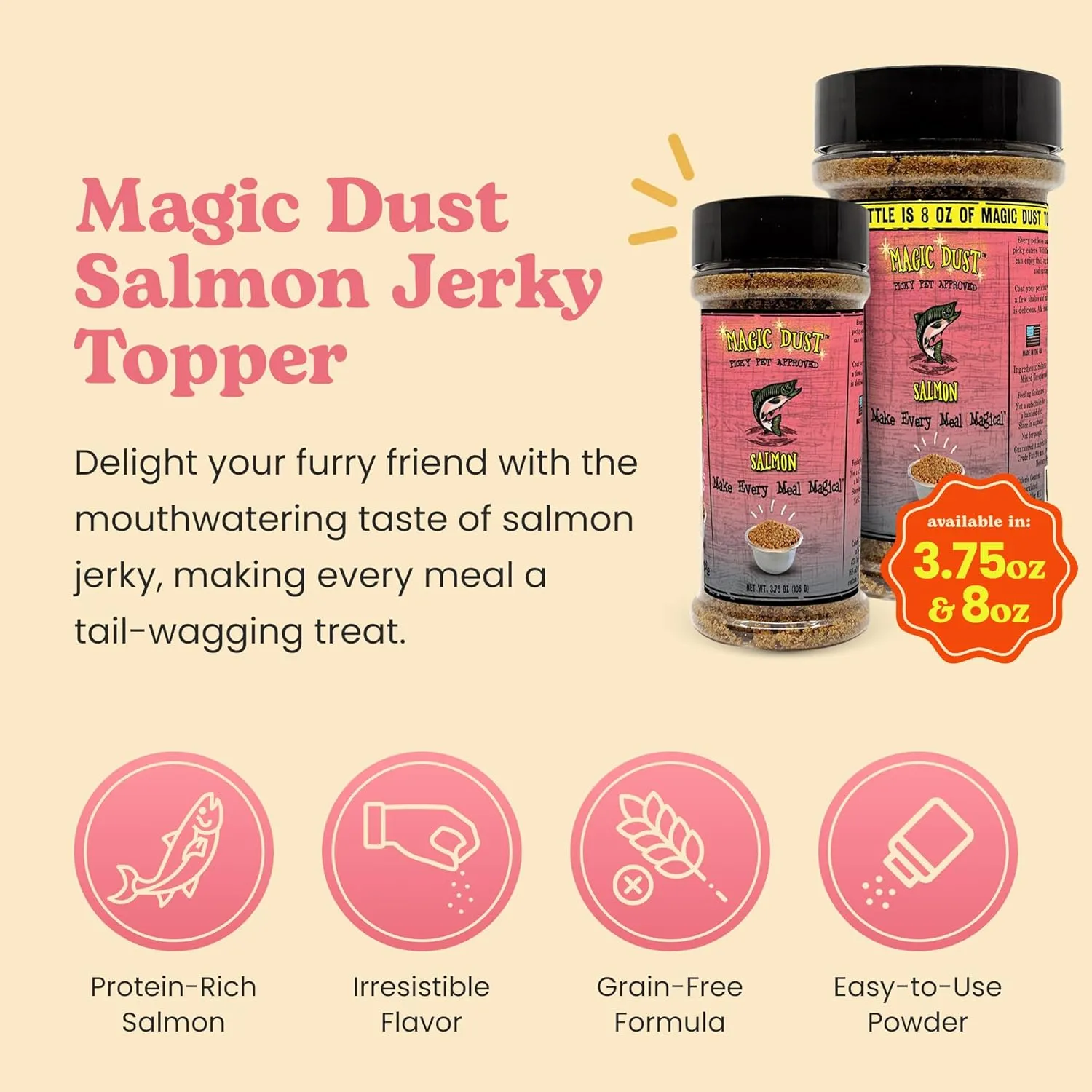 Wild Meadow Farms - Magic Dust Salmon Jerky Topper, Single Protein Pet Food Topper for Dogs & Cats, Enhance Flavor & Elevate Mealtime Excitement for Picky Eaters - 3.5 Ounce Bottle in Salmon Flavor