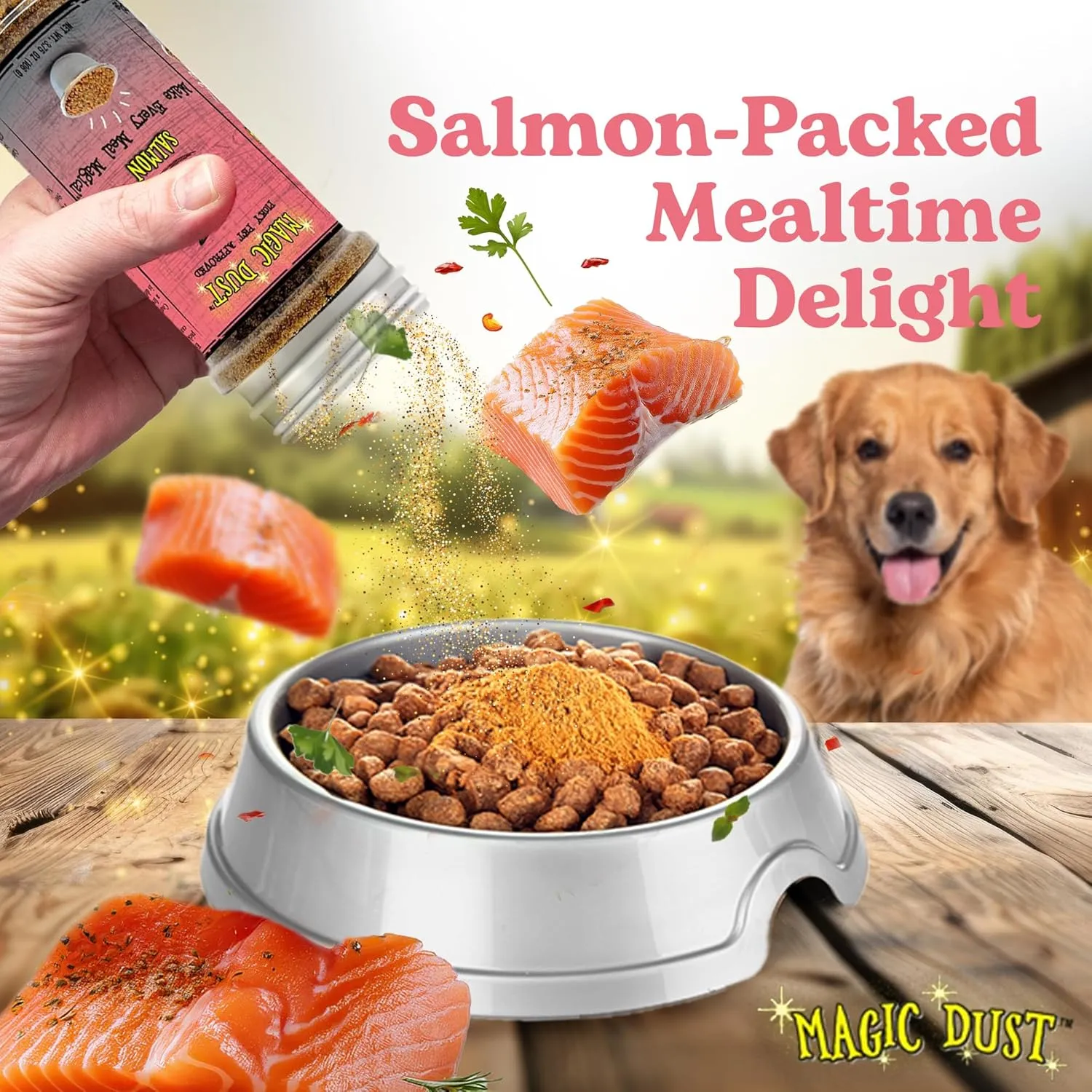 Wild Meadow Farms - Magic Dust Salmon Jerky Topper, Single Protein Pet Food Topper for Dogs & Cats, Enhance Flavor & Elevate Mealtime Excitement for Picky Eaters - 3.5 Ounce Bottle in Salmon Flavor