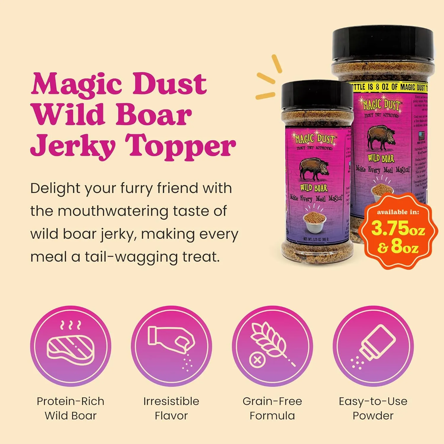 Wild Meadow Farms - Magic Dust Wild Boar Jerky Topper, Single Protein Pet Food Topper for Dogs & Cats, Enhance Flavor & Elevate Mealtime Excitement for Picky Eaters, Made in USA - 8 Ounce Bottle