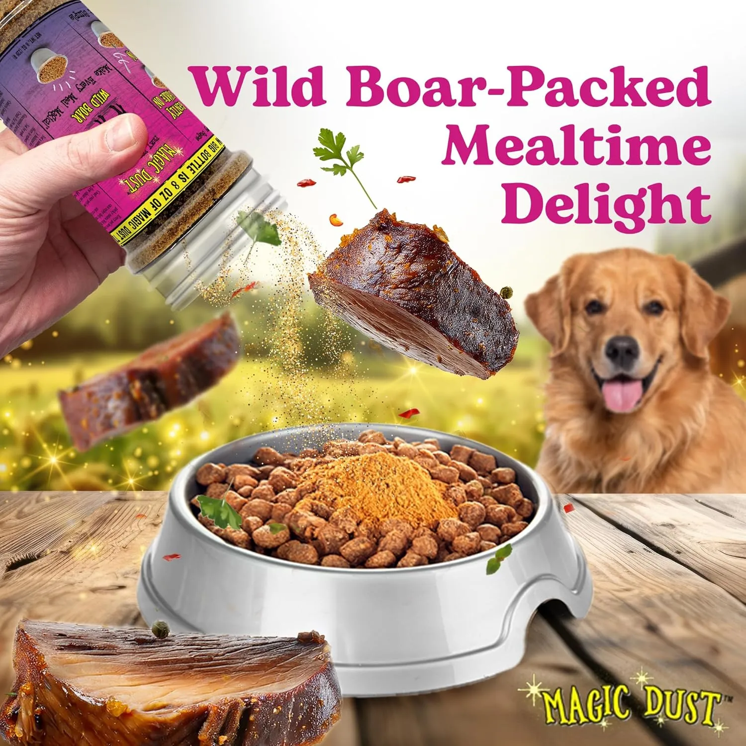 Wild Meadow Farms - Magic Dust Wild Boar Jerky Topper, Single Protein Pet Food Topper for Dogs & Cats, Enhance Flavor & Elevate Mealtime Excitement for Picky Eaters, Made in USA - 8 Ounce Bottle