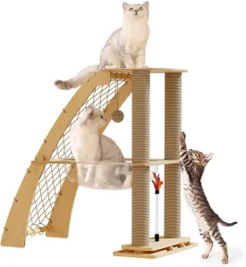 Wood Cat Tree Tower for Indoor Cats with Scratching Posts, Modern Cat Tree Cat Condo, Hammock, and Climbing Web Cat Track Toy with Spinning Balls, 15.7in Full Sisal Scratching Posts(Large)