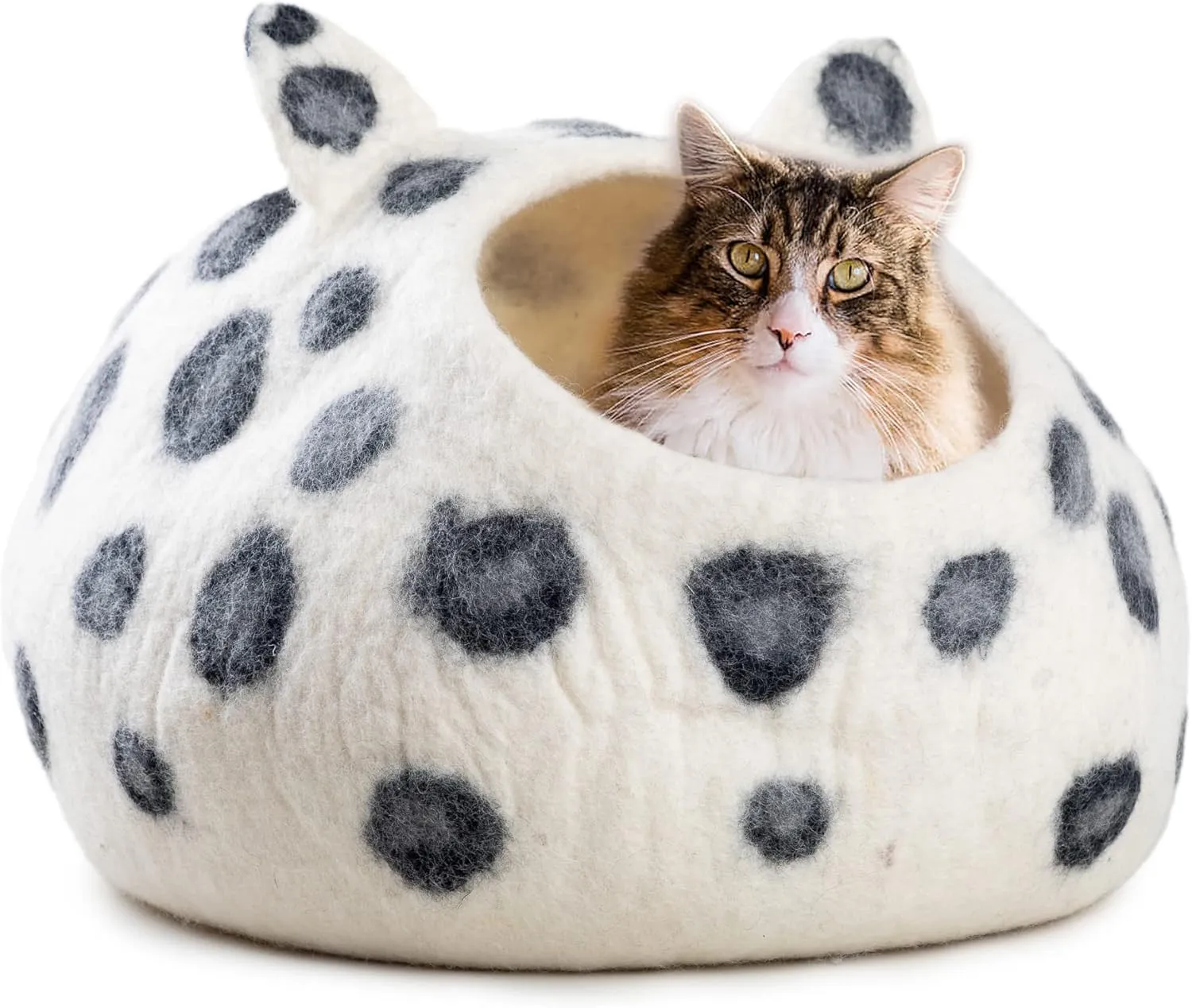 Woolygon Wool Cat Cave Bed - Extra Warm, Handcrafted, Eco-Friendly Felt Cat Cave for Indoor Cats and Kittens (White Polka)
