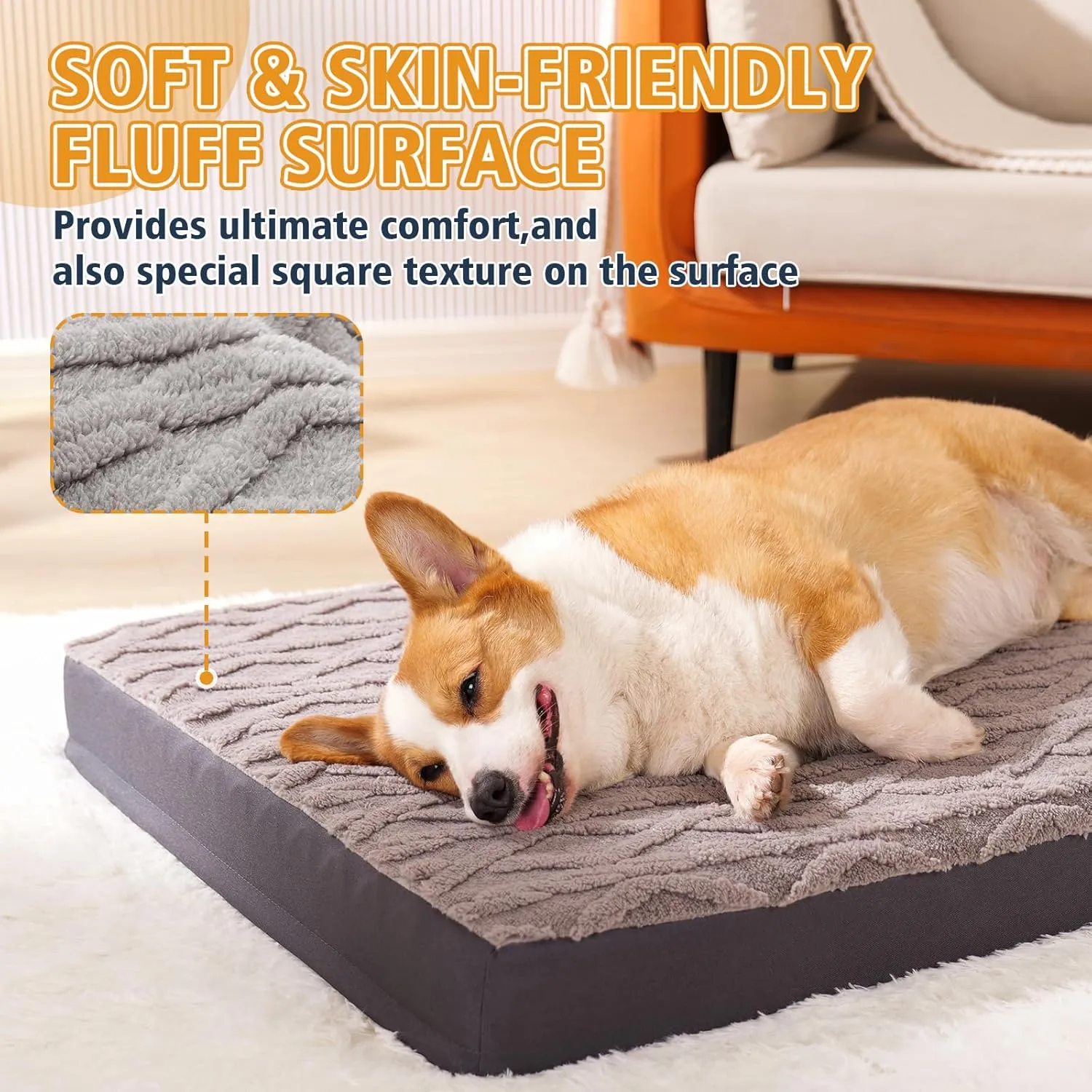 XL Dog Crate Bed - Soft Fluffy Memory Foam Dog Bed with Anti-Slip Bottom, Machine Washable Squishmallow Pet Bed for Extra Large Dogs (41"x27"x3.5", Grey)