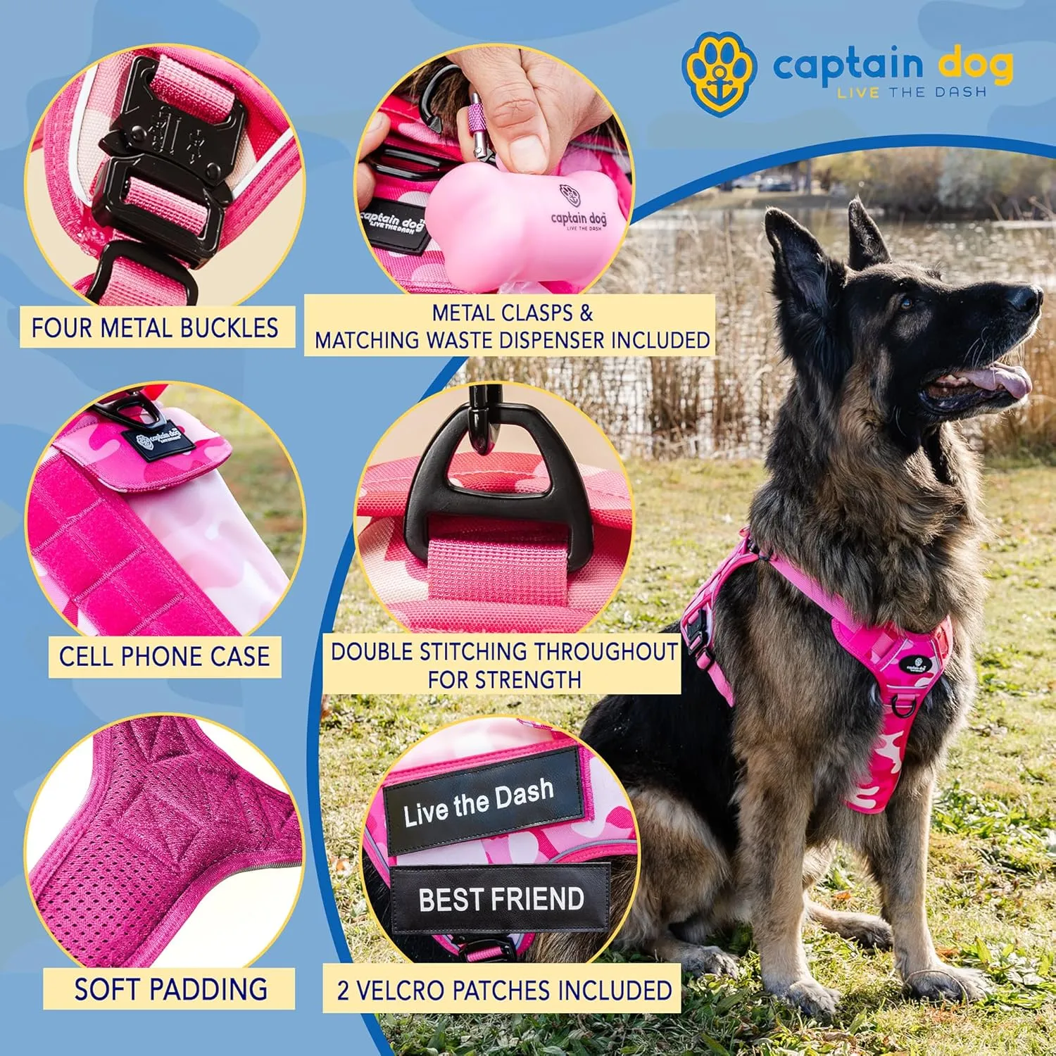 XXL Reflective Xdog Vest No Pull 100lb with 4 Metal Buckles & Double Stitching CAPTAIN DOG - XXXL Dog Harness with 2 Removeable Patches, Tactical Dog Harness with Poop Bag Holder - Black.