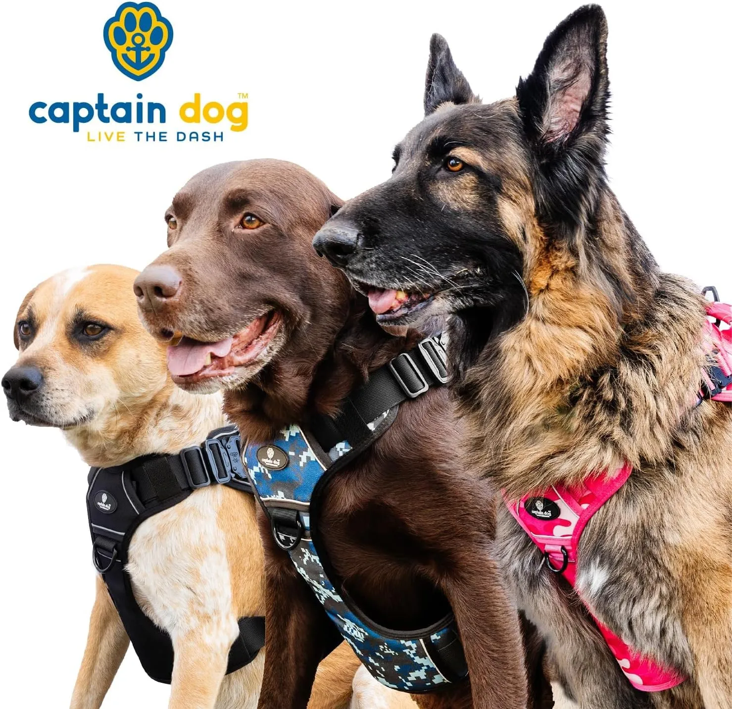 XXL Reflective Xdog Vest No Pull 100lb with 4 Metal Buckles & Double Stitching CAPTAIN DOG - XXXL Dog Harness with 2 Removeable Patches, Tactical Dog Harness with Poop Bag Holder - Black.