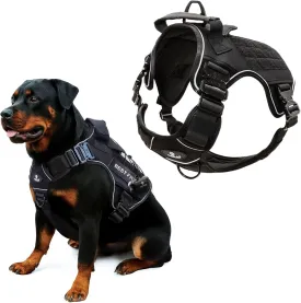 XXL Reflective Xdog Vest No Pull 100lb with 4 Metal Buckles & Double Stitching CAPTAIN DOG - XXXL Dog Harness with 2 Removeable Patches, Tactical Dog Harness with Poop Bag Holder - Black.