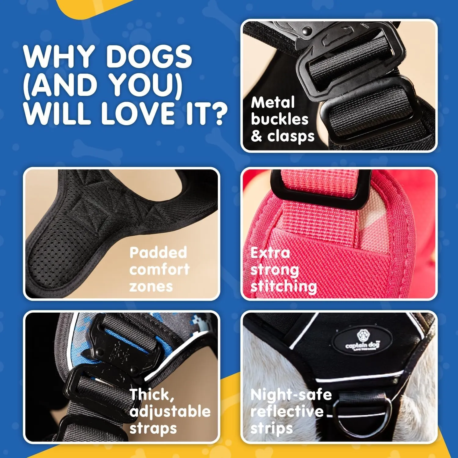 XXL Reflective Xdog Vest No Pull 100lb with 4 Metal Buckles & Double Stitching CAPTAIN DOG - XXXL Dog Harness with 2 Removeable Patches, Tactical Dog Harness with Poop Bag Holder - Black.