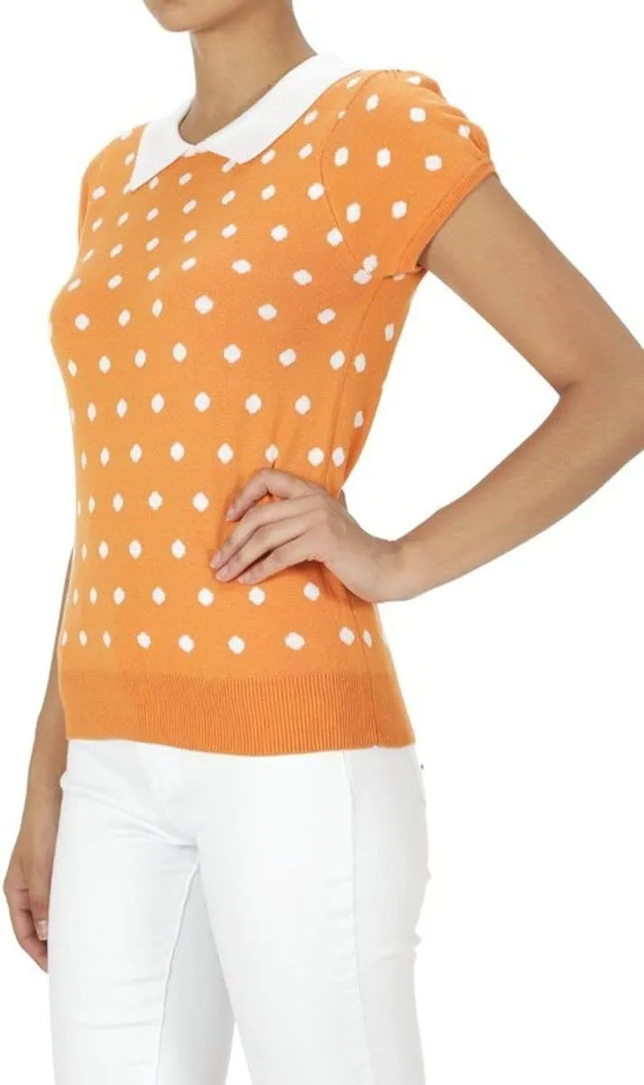 YEMAK Women's Knit Sweater Top  Short Sleeve Polka Dot Contrast Collar Puff Shoulder Classic Casual Knitted Pullover