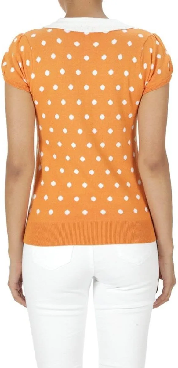 YEMAK Women's Knit Sweater Top  Short Sleeve Polka Dot Contrast Collar Puff Shoulder Classic Casual Knitted Pullover