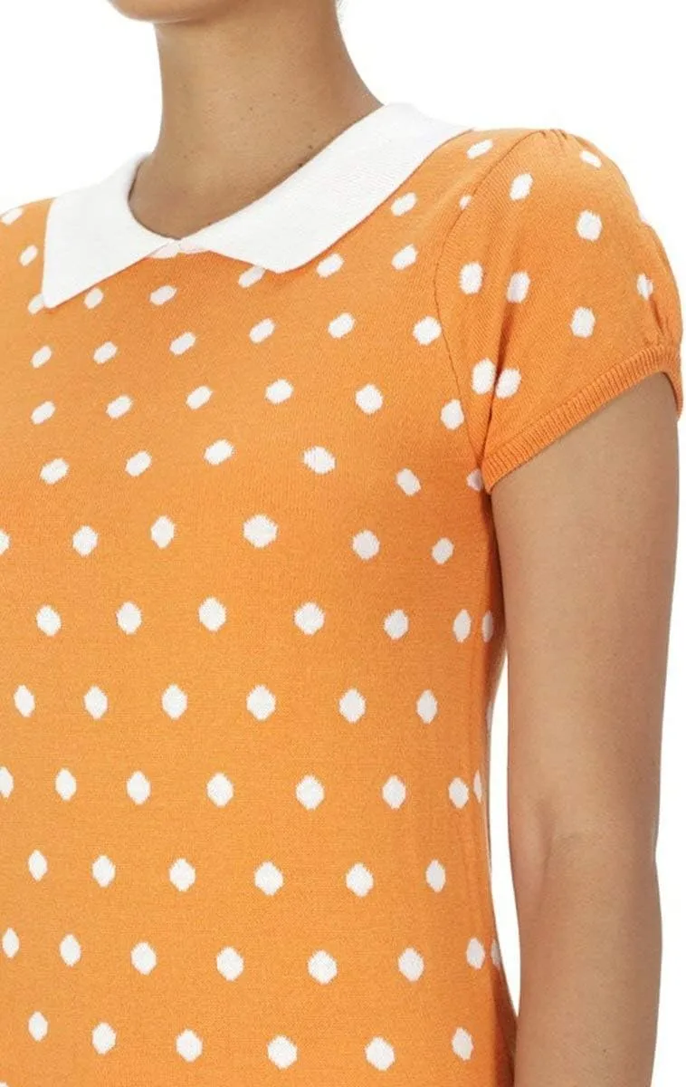 YEMAK Women's Knit Sweater Top  Short Sleeve Polka Dot Contrast Collar Puff Shoulder Classic Casual Knitted Pullover