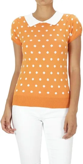 YEMAK Women's Knit Sweater Top  Short Sleeve Polka Dot Contrast Collar Puff Shoulder Classic Casual Knitted Pullover