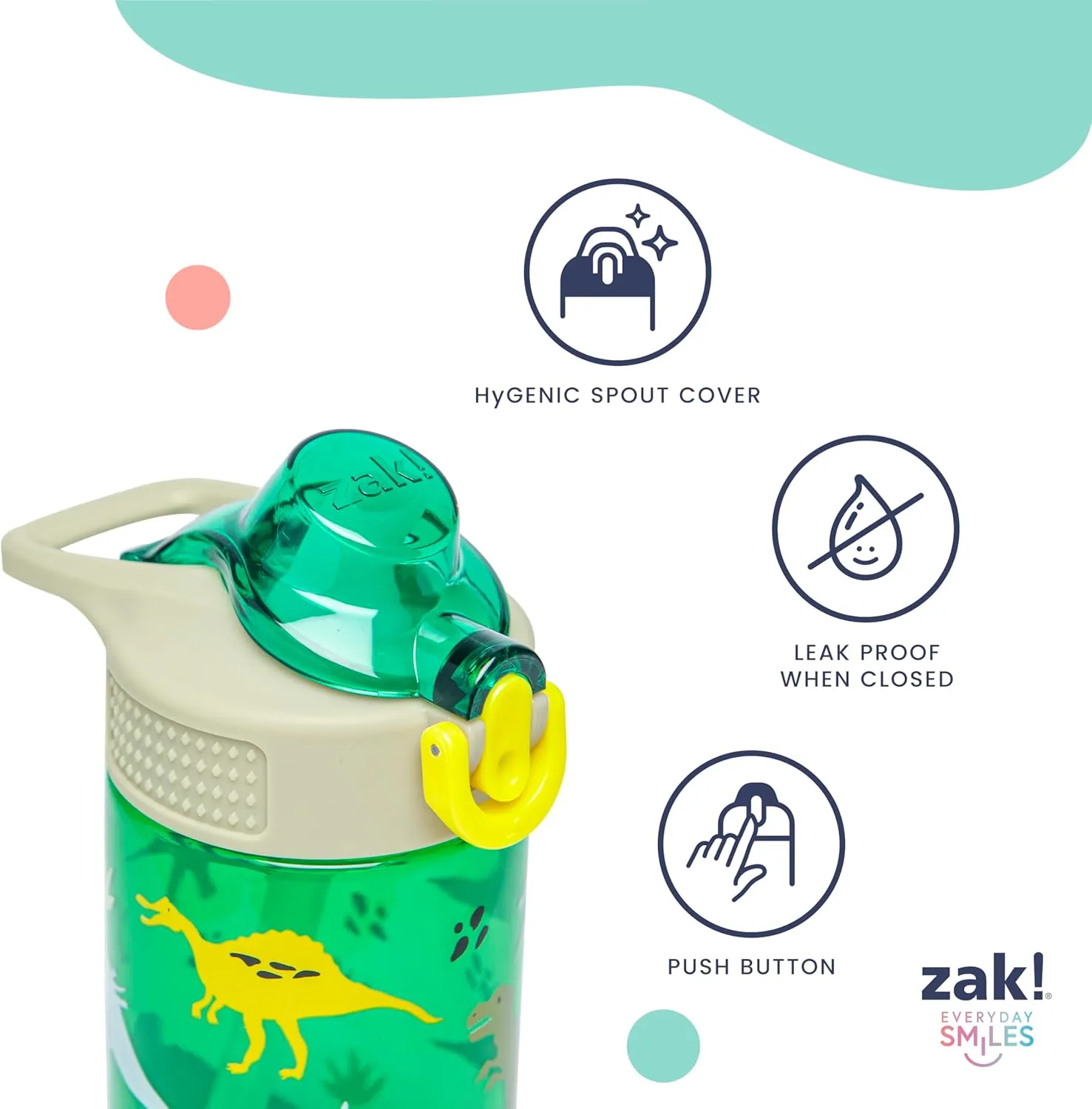 Zak Designs Sage Kids Water Bottle For School, Travel or At Home, 16oz Durable Plastic Water Bottle With Straw, Handle, and Leak-Proof, Pop-Up Spout Cover (Dino)