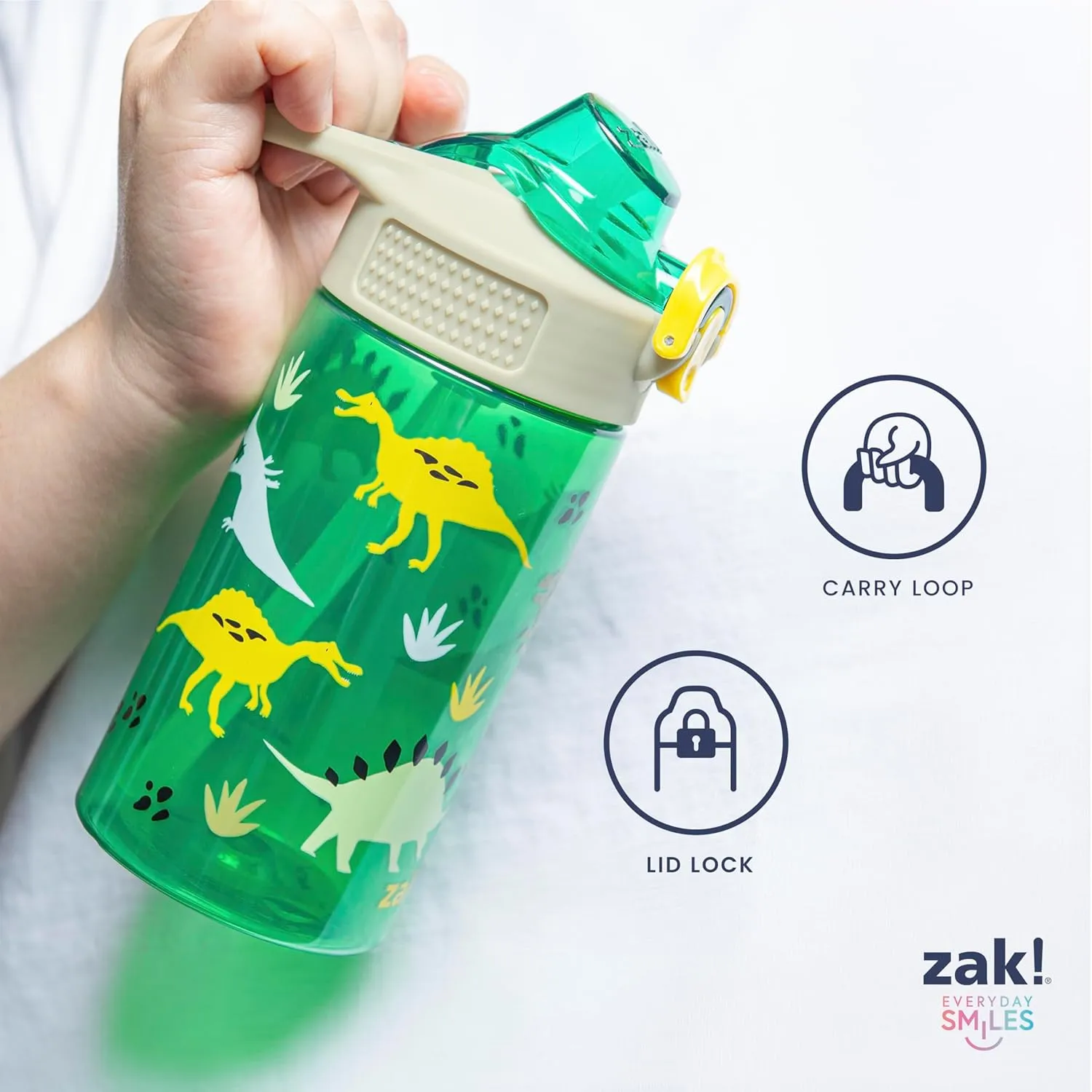 Zak Designs Sage Kids Water Bottle For School, Travel or At Home, 16oz Durable Plastic Water Bottle With Straw, Handle, and Leak-Proof, Pop-Up Spout Cover (Dino)