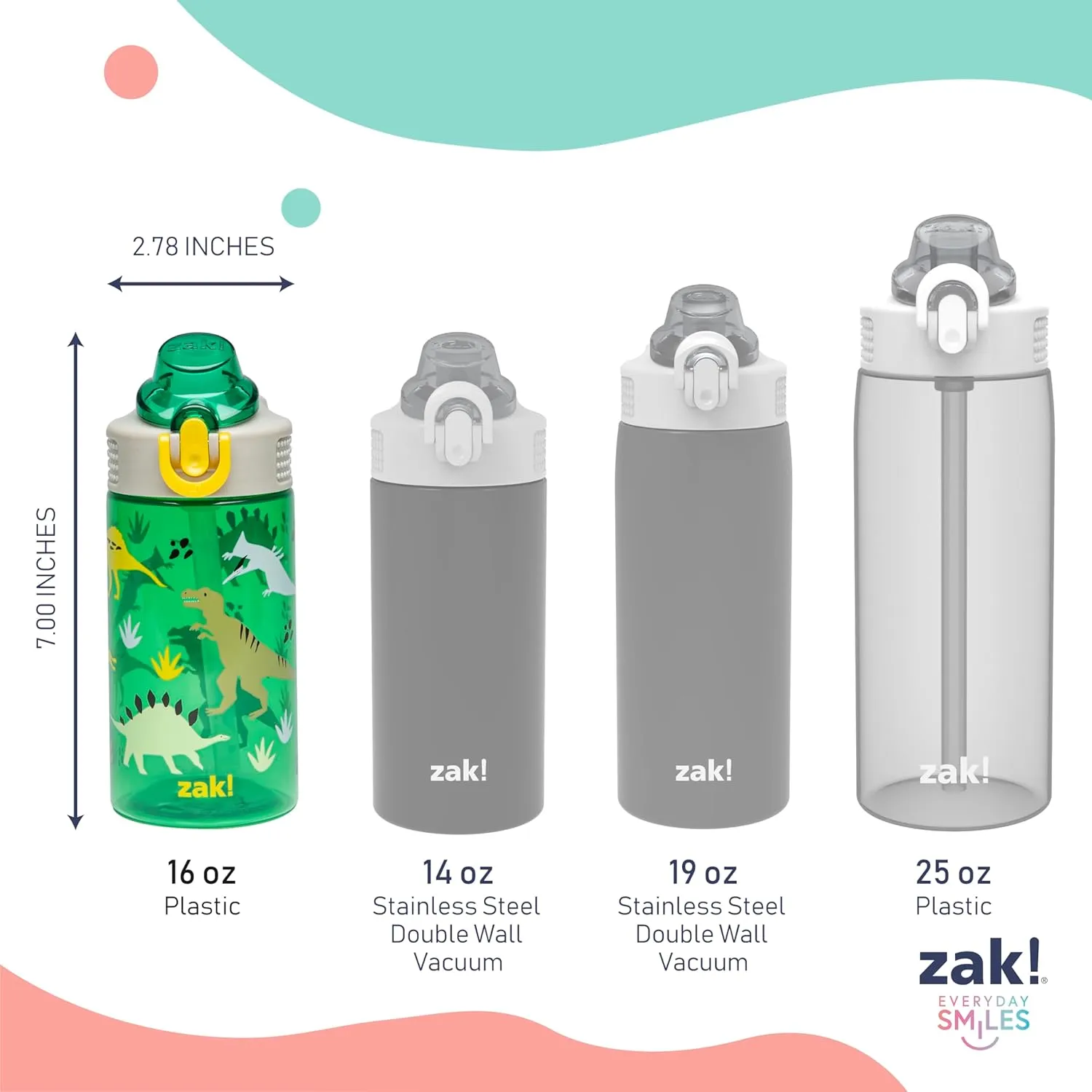 Zak Designs Sage Kids Water Bottle For School, Travel or At Home, 16oz Durable Plastic Water Bottle With Straw, Handle, and Leak-Proof, Pop-Up Spout Cover (Dino)