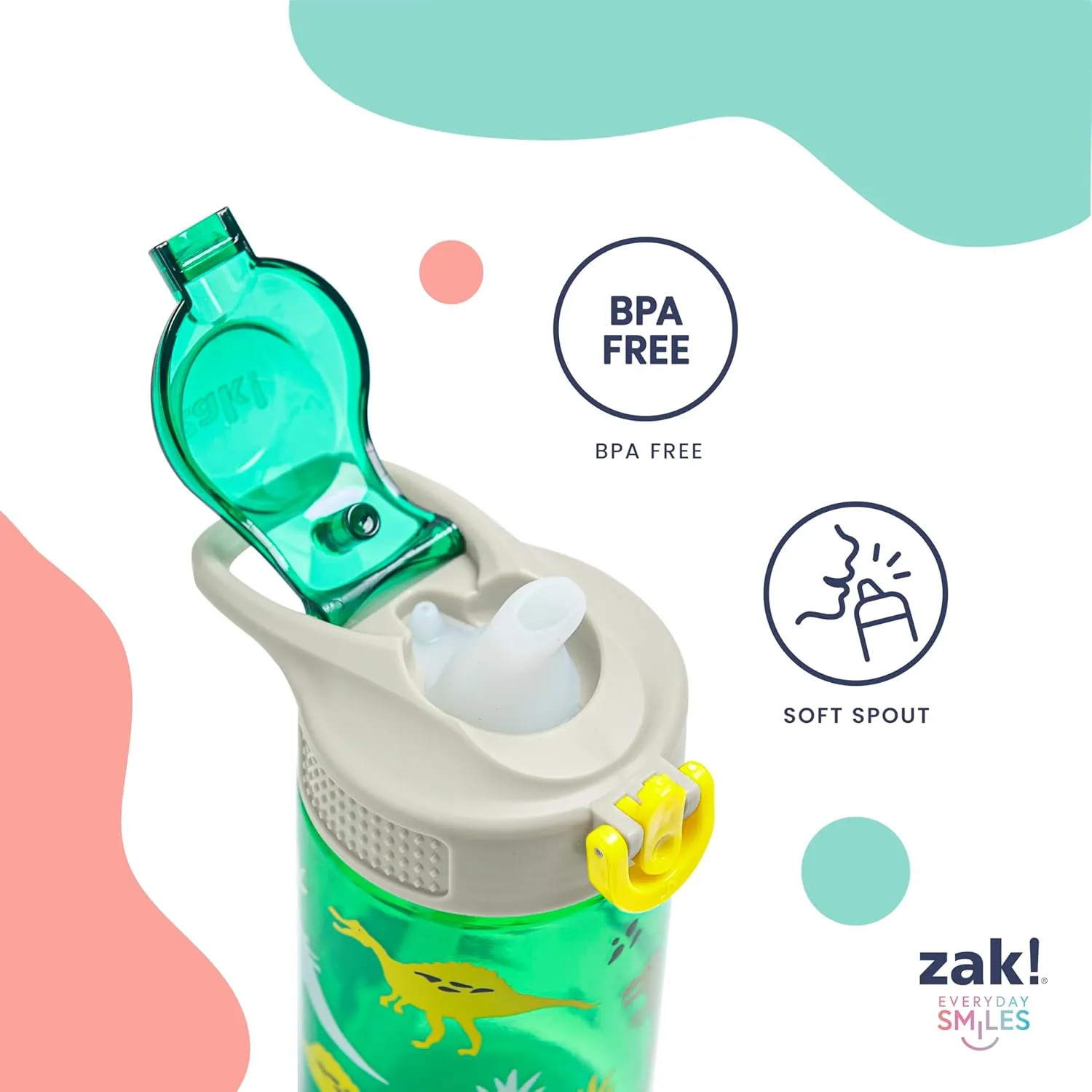 Zak Designs Sage Kids Water Bottle For School, Travel or At Home, 16oz Durable Plastic Water Bottle With Straw, Handle, and Leak-Proof, Pop-Up Spout Cover (Dino)