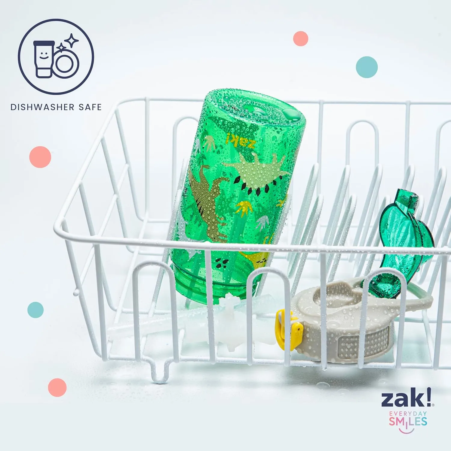 Zak Designs Sage Kids Water Bottle For School, Travel or At Home, 16oz Durable Plastic Water Bottle With Straw, Handle, and Leak-Proof, Pop-Up Spout Cover (Dino)