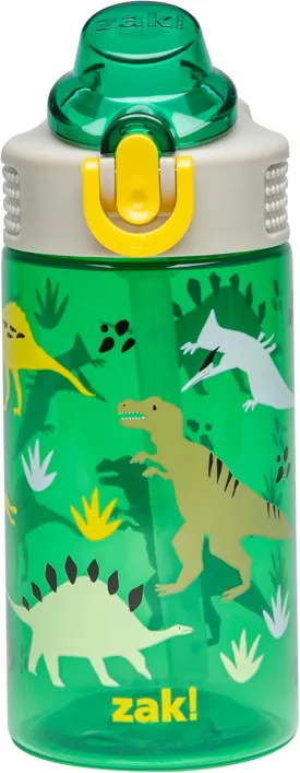 Zak Designs Sage Kids Water Bottle For School, Travel or At Home, 16oz Durable Plastic Water Bottle With Straw, Handle, and Leak-Proof, Pop-Up Spout Cover (Dino)