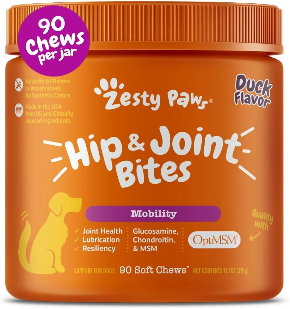 Zesty Paws Hip and Joint Supplement for Dogs - Glucosamine with Chondroitin, MSM, Vitamins C and E Dog Joint Relief - Mobility Bites Duck  90 Count