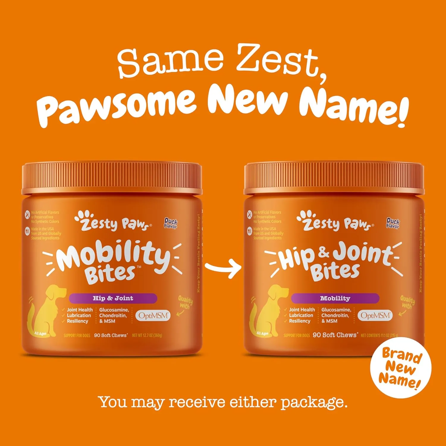 Zesty Paws Hip and Joint Supplement for Dogs - Glucosamine with Chondroitin, MSM, Vitamins C and E Dog Joint Relief - Mobility Bites Duck  90 Count