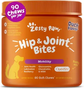 Zesty Paws Hip and Joint Supplement for Dogs - Glucosamine with Chondroitin, MSM, Vitamins C and E Dog Joint Relief - Mobility Bites Duck  90 Count