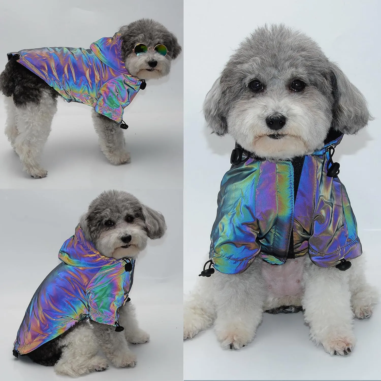 Zunea Waterproof Dog Jacket Coat for Medium Large Dogs Holographic Winter Warm Fleece Lined Hoodie Rain Coat Rainbow Reflective Clothes Drawstring Thermal Windbreakers Cold Weather Pet Apparel 4XL